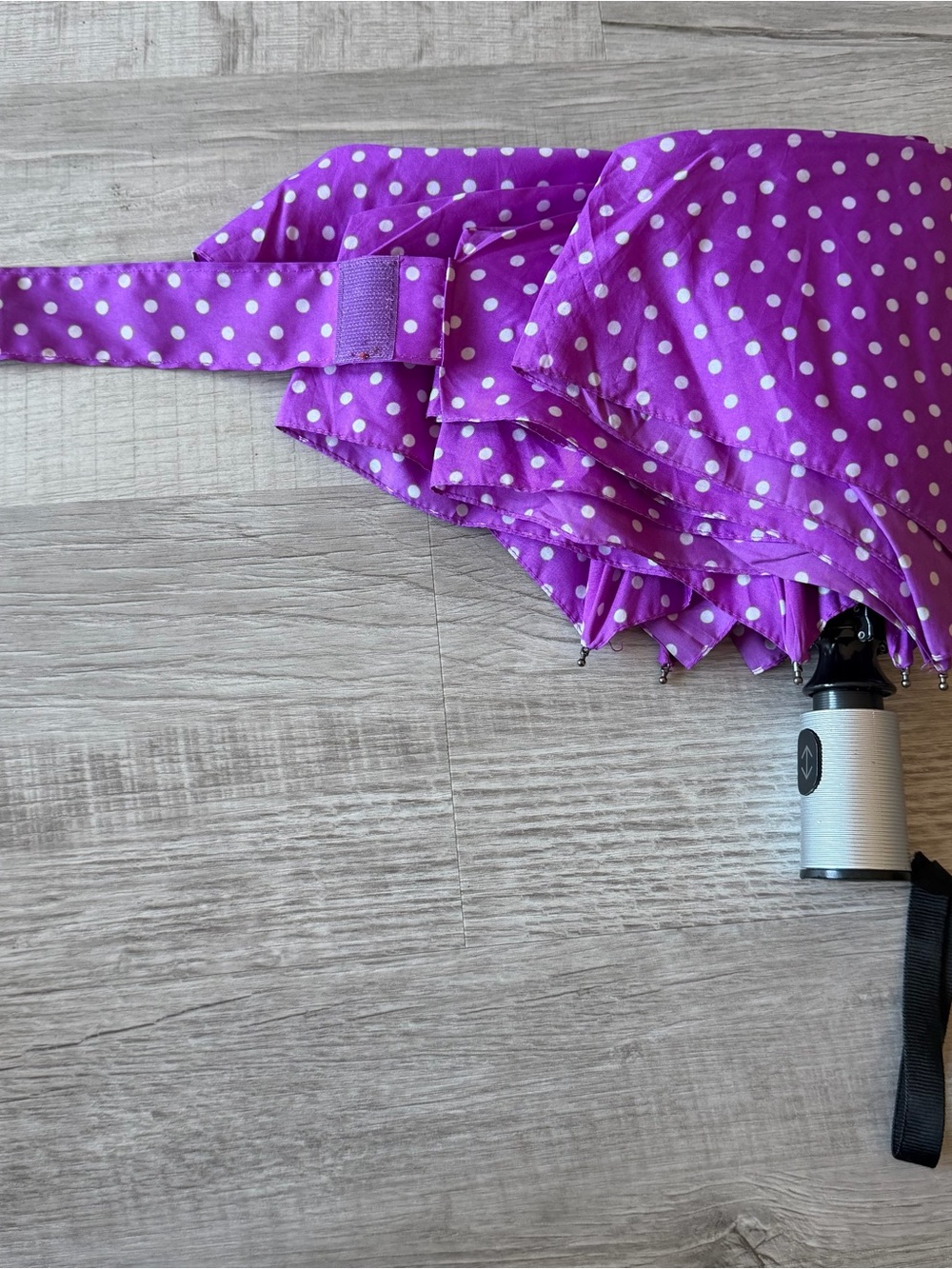 ShedRain Purple polka dot umbrella with silver handle and strap